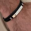 Engraved Mens Bracelet Gold, Silver, Black Premium Leather Bar Bracelet For Men, Personalized Bracelet, Thin Bar Bracelet With Leather